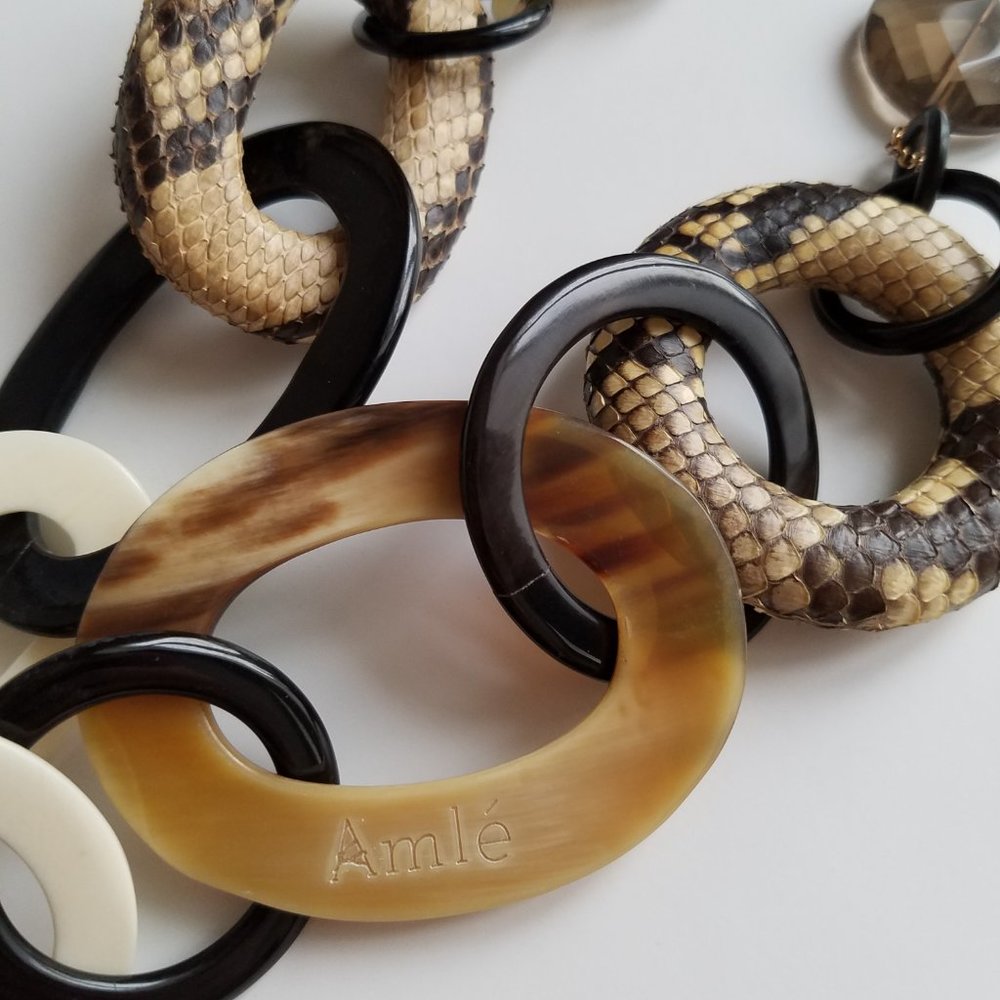 AMLE Italian Python Snakeskin Long Chain Horn Necklace - Picture 11 of 16